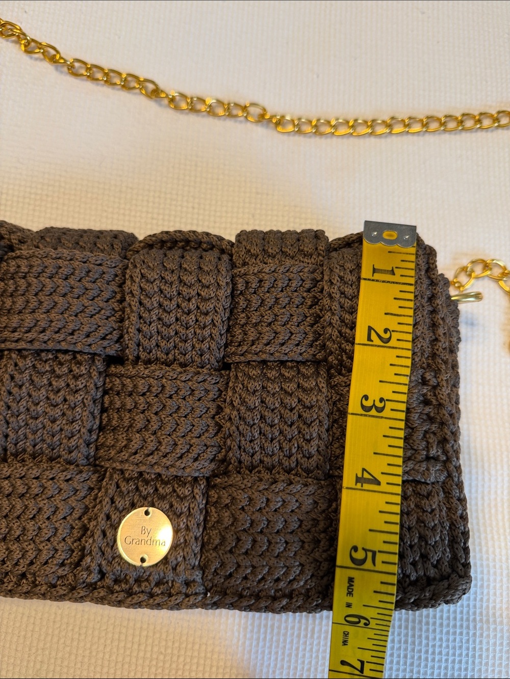 Handmade Woven Crochet Crossbody Bag - Brown and Golden Chain - Picture 13 of 15